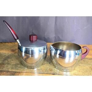 Vtg Glo-Hill Chrome Sugar Bowl Creamer Set with Red Bakelite Handles & Lid Knob